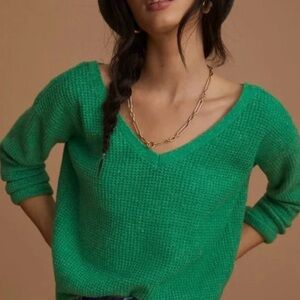 Anthropologie Maeve Vibrant Green V-Neck Sweater